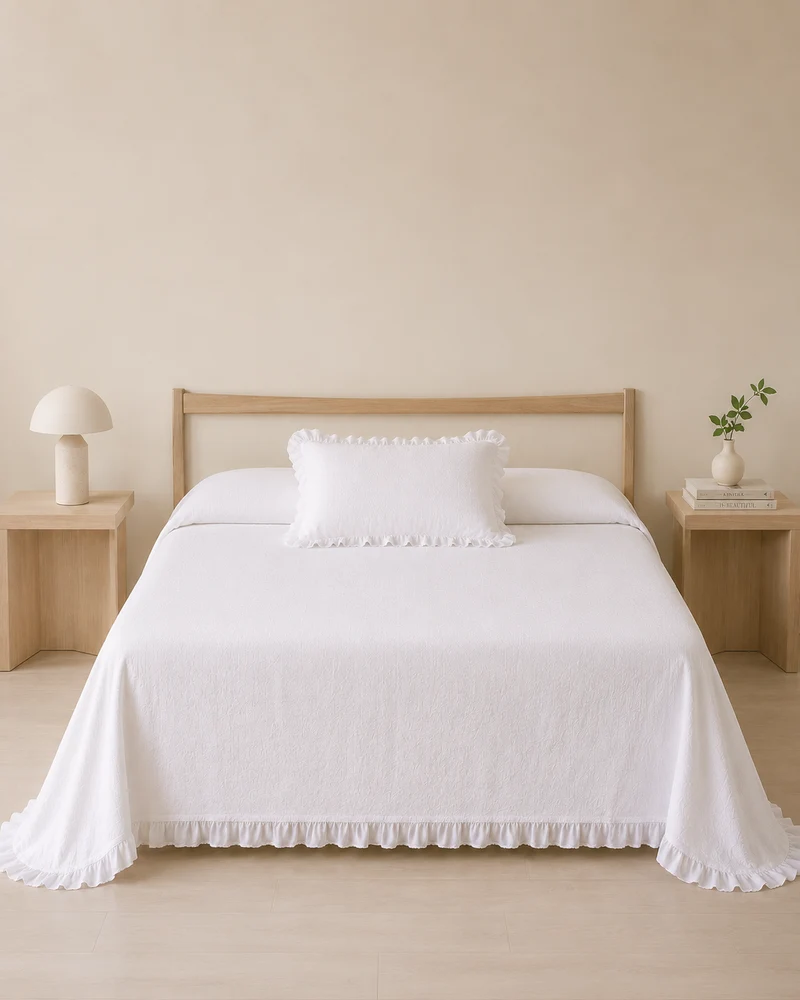 Colcha doble tela algodón jacquard volante Ruffle blanco