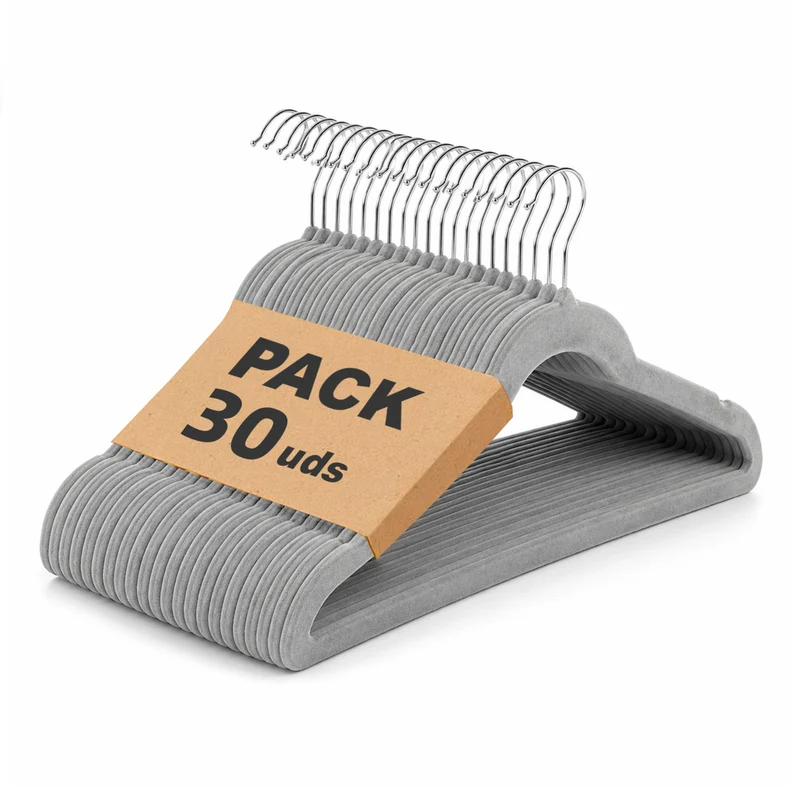 Perchas de Terciopelo Antideslizantes con Ranura- Gris