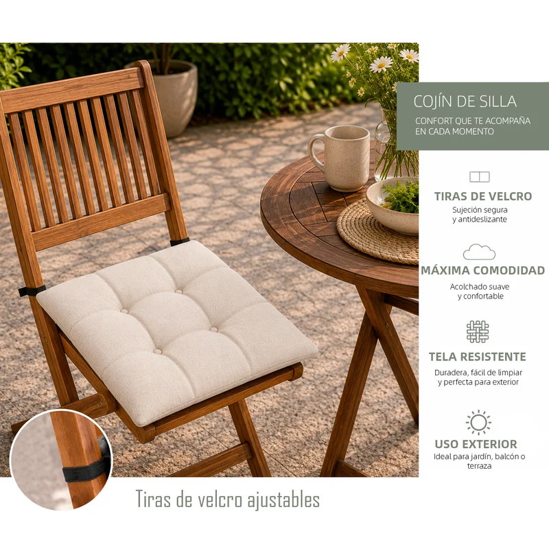 Cojines para Silla de 40x40x8cm Acolchados con Cintas de Sujeción Antideslizantes- Beige