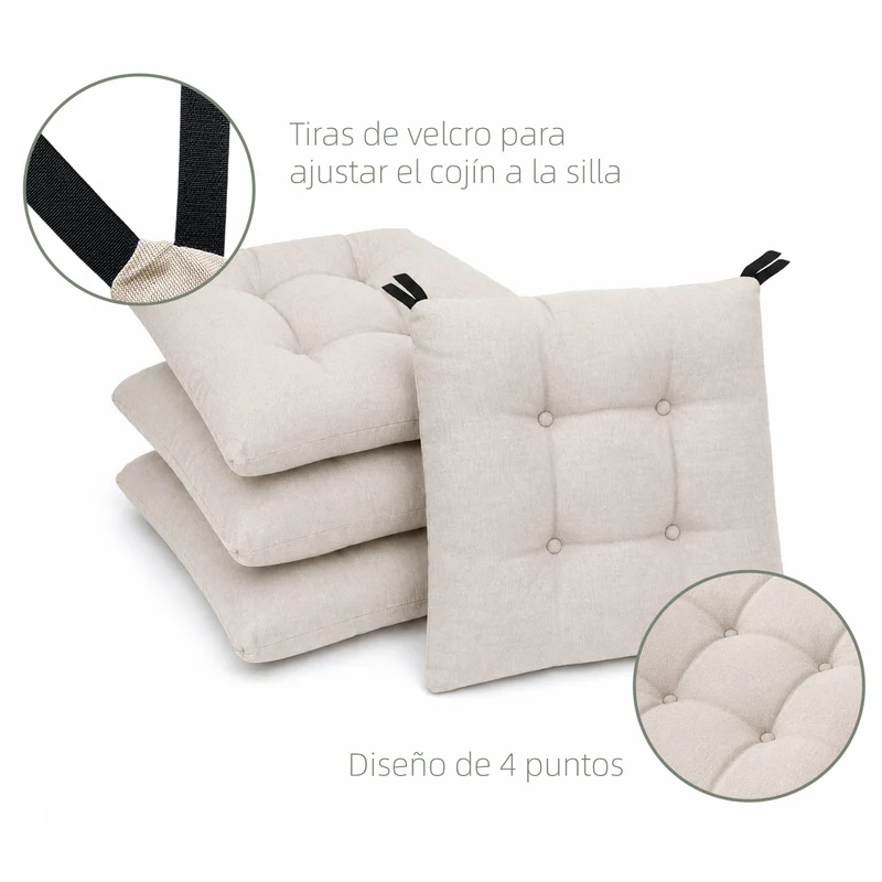 Cojines para Silla de 40x40x8cm Acolchados con Cintas de Sujeción Antideslizantes- Beige