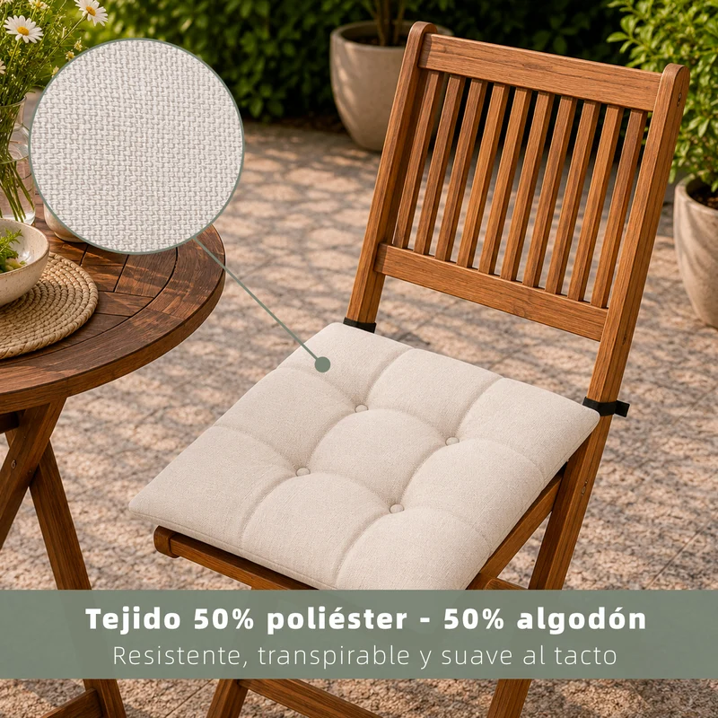 Cojines para Silla de 40x40x8cm Acolchados con Cintas de Sujeción Antideslizantes- Beige