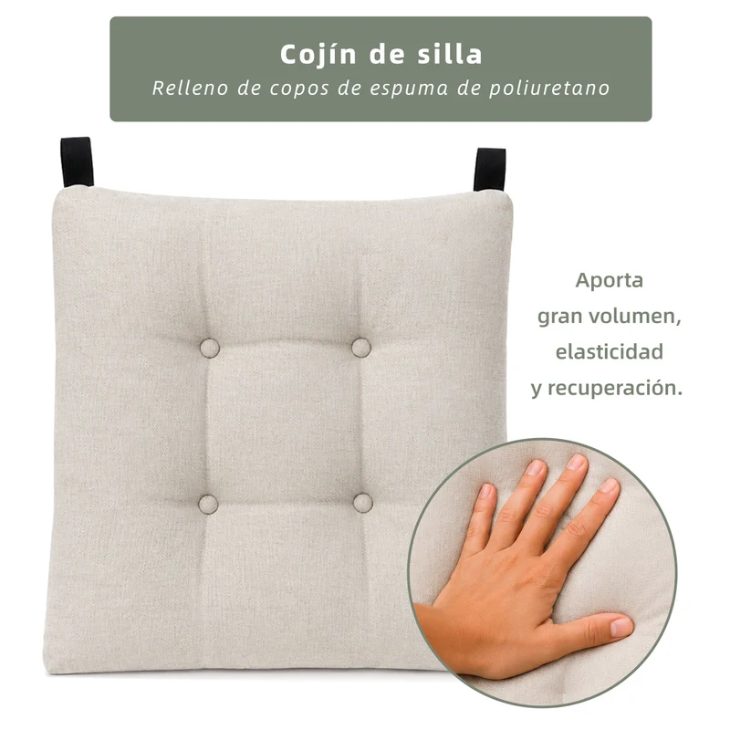 Cojines para Silla de 40x40x8cm Acolchados con Cintas de Sujeción Antideslizantes- Beige