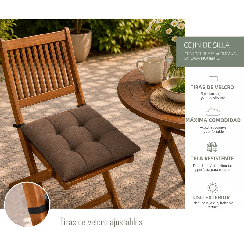 Cojines para Silla de 40x40x8cm Acolchados con Cintas de Sujeción Antideslizantes- Marrón