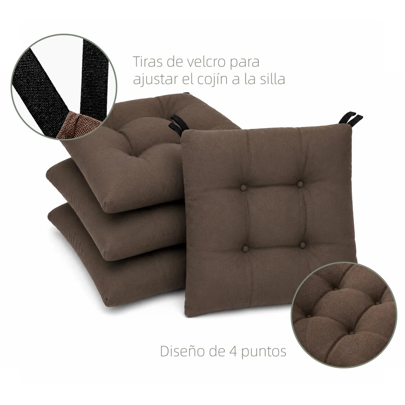Cojines para Silla de 40x40x8cm Acolchados con Cintas de Sujeción Antideslizantes- Marrón