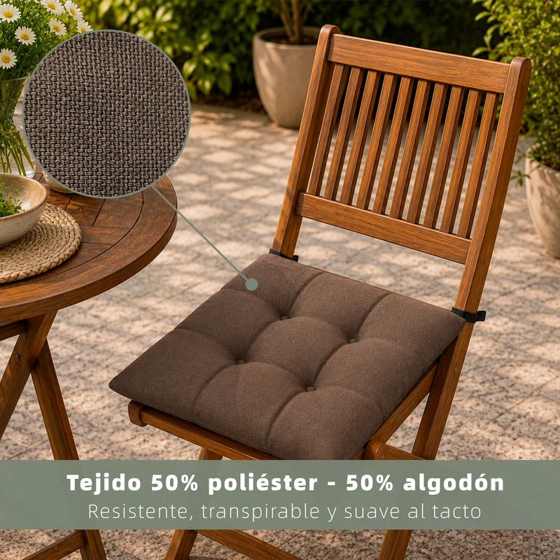 Cojines para Silla de 40x40x8cm Acolchados con Cintas de Sujeción Antideslizantes- Marrón