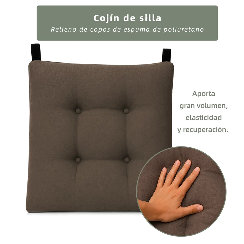 Cojines para Silla de 40x40x8cm Acolchados con Cintas de Sujeción Antideslizantes- Marrón