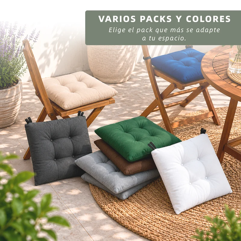 Cojines para Silla de 40x40x8cm Acolchados con Cintas de Sujeción Antideslizantes- Marrón