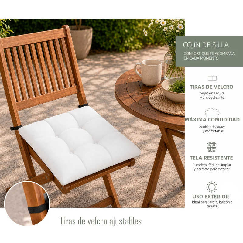Cojines para Silla de 40x40x8cm Acolchados con Cintas de Sujeción Antideslizantes- Blanco