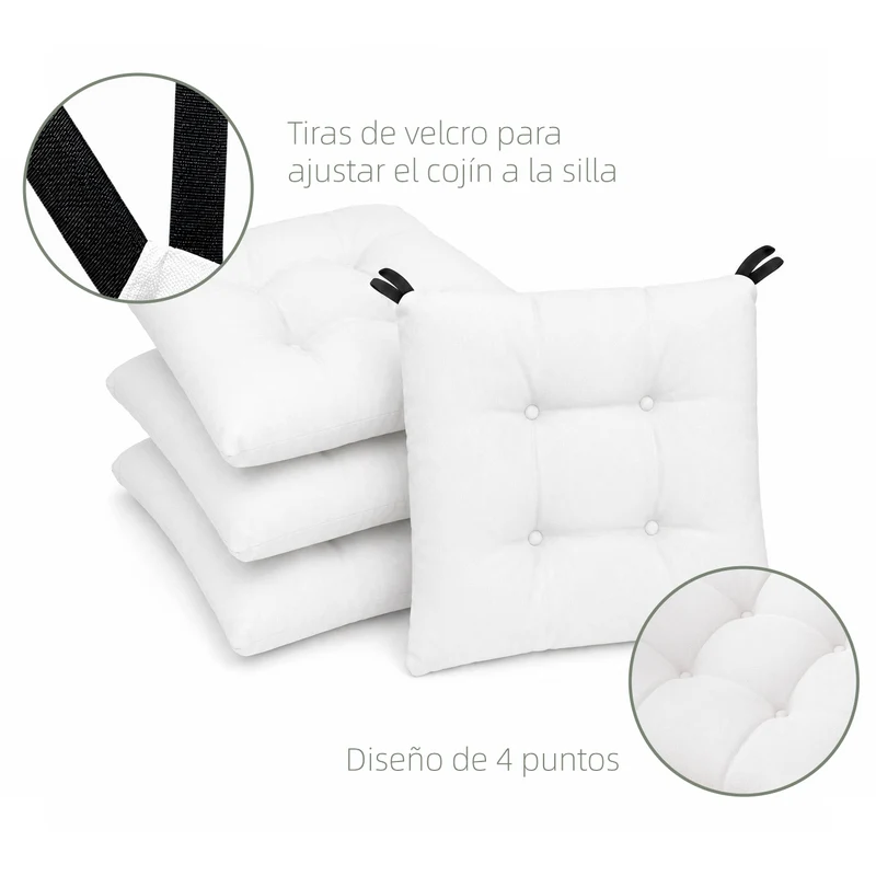 Cojines para Silla de 40x40x8cm Acolchados con Cintas de Sujeción Antideslizantes- Blanco