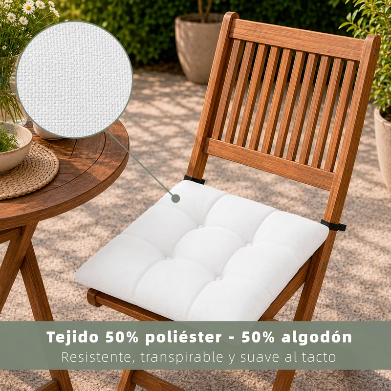 Cojines para Silla de 40x40x8cm Acolchados con Cintas de Sujeción Antideslizantes- Blanco