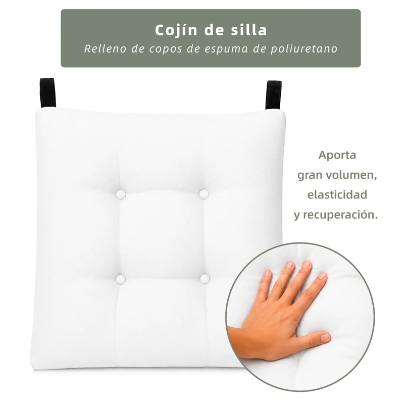 Cojines para Silla de 40x40x8cm Acolchados con Cintas de Sujeción Antideslizantes- Blanco