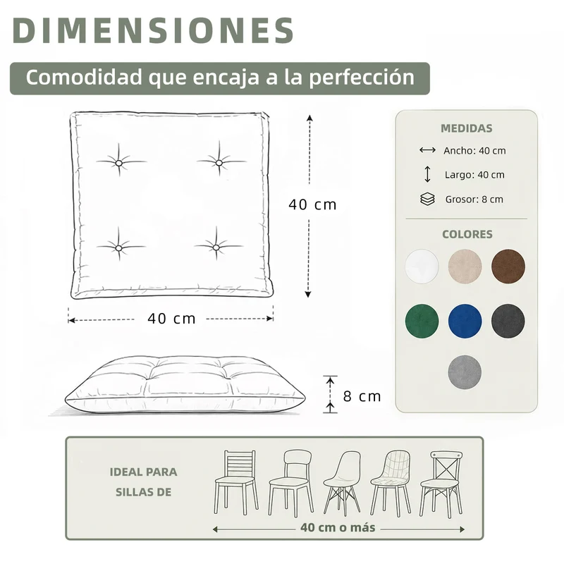 Cojines para Silla de 40x40x8cm Acolchados con Cintas de Sujeción Antideslizantes- Blanco