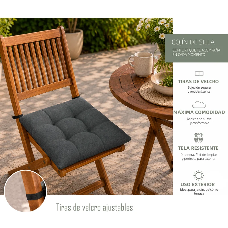Cojines para Silla de 40x40x8cm Acolchados con Cintas de Sujeción Antideslizantes- Gris Oscuro
