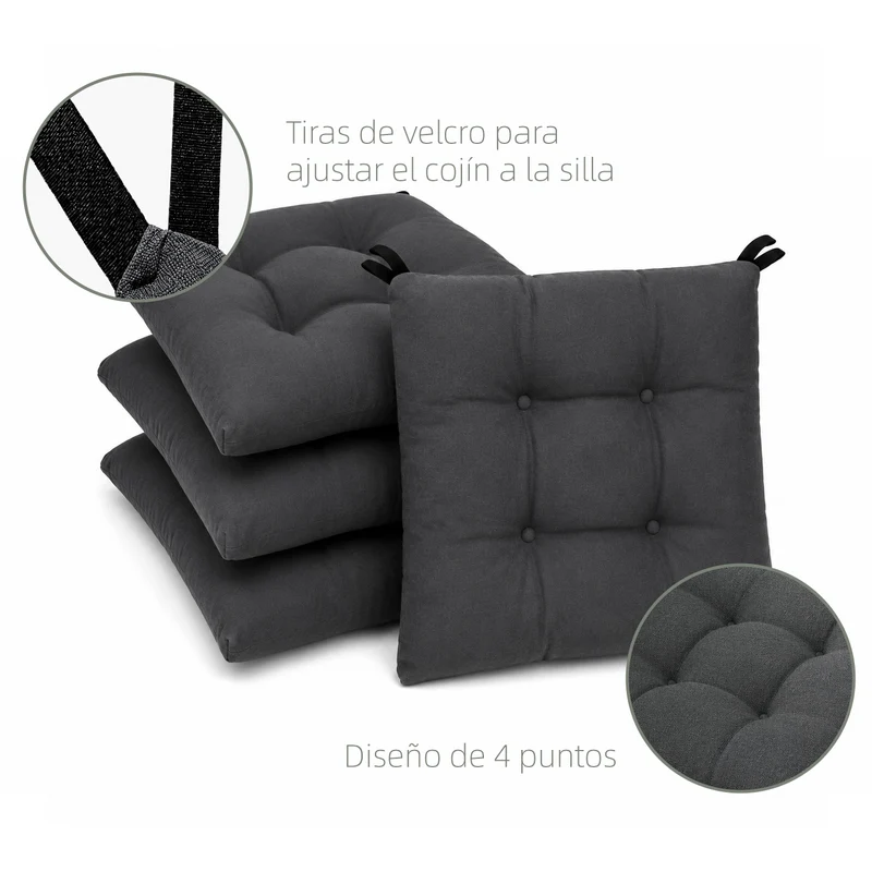 Cojines para Silla de 40x40x8cm Acolchados con Cintas de Sujeción Antideslizantes- Gris Oscuro