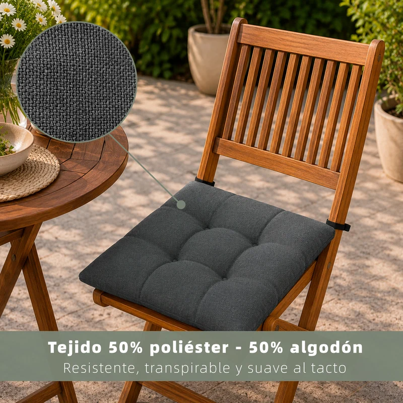 Cojines para Silla de 40x40x8cm Acolchados con Cintas de Sujeción Antideslizantes- Gris Oscuro