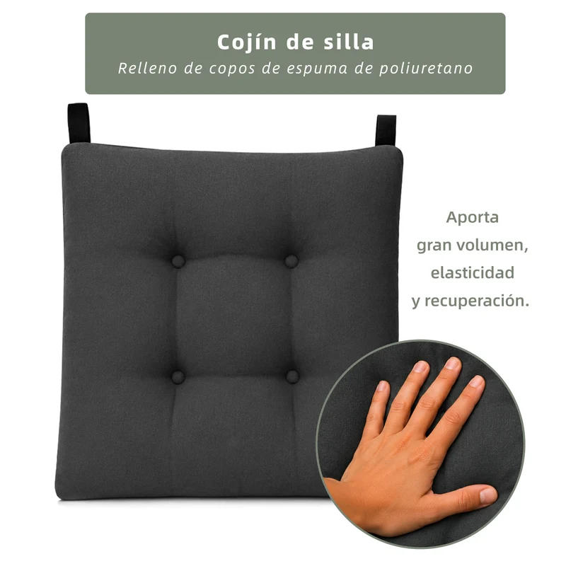 Cojines para Silla de 40x40x8cm Acolchados con Cintas de Sujeción Antideslizantes- Gris Oscuro