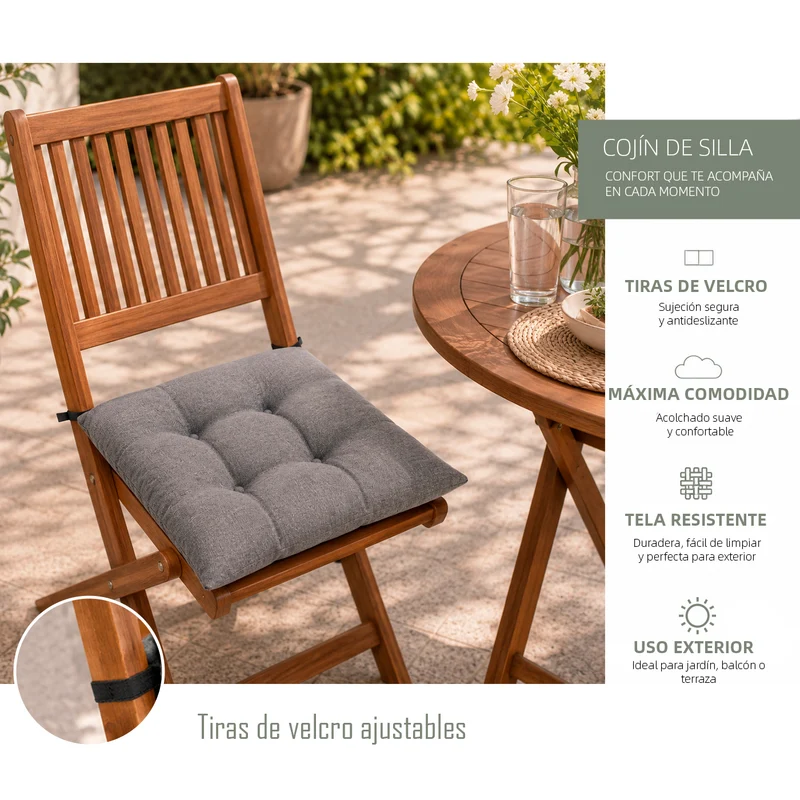 Cojines para Silla de 40x40x8cm Acolchados con Cintas de Sujeción Antideslizantes- Gris