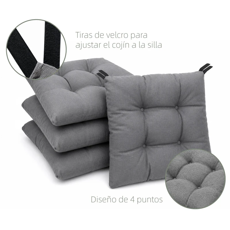 Cojines para Silla de 40x40x8cm Acolchados con Cintas de Sujeción Antideslizantes- Gris