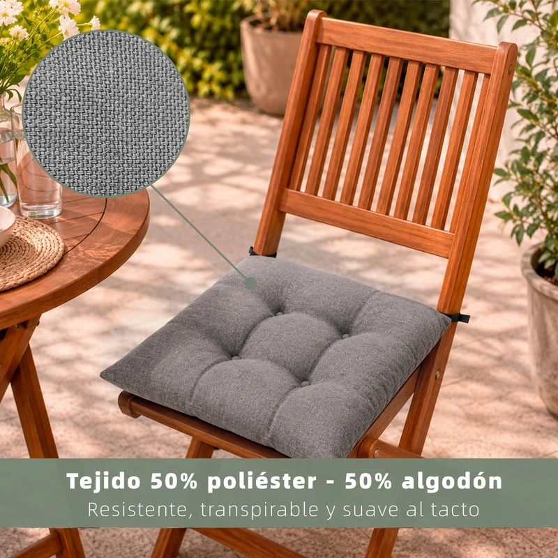 Cojines para Silla de 40x40x8cm Acolchados con Cintas de Sujeción Antideslizantes- Gris
