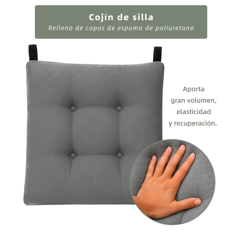 Cojines para Silla de 40x40x8cm Acolchados con Cintas de Sujeción Antideslizantes- Gris