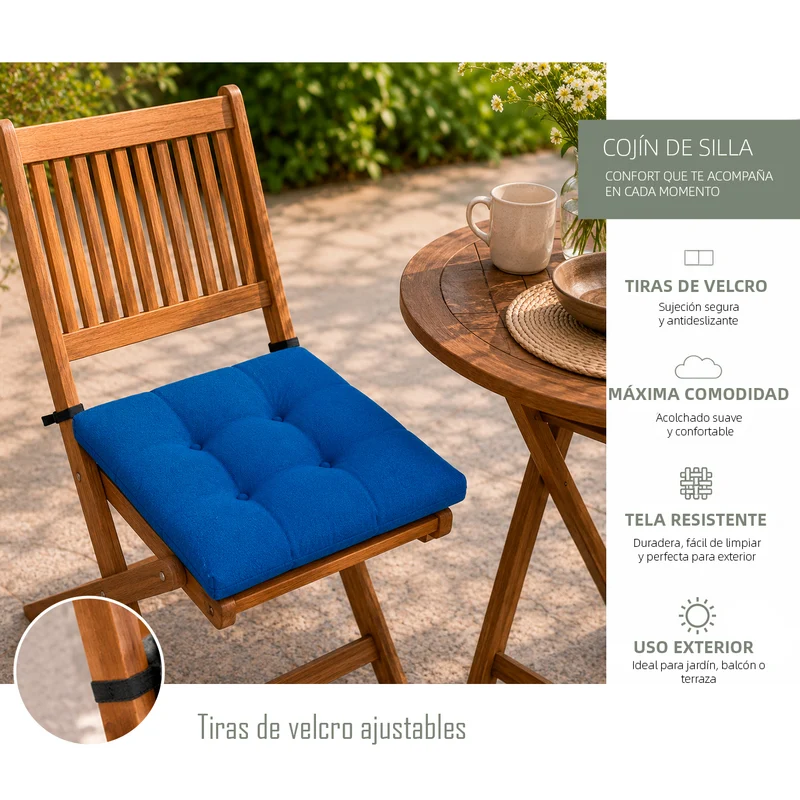 Cojines para Silla de 40x40x8cm Acolchados con Cintas de Sujeción Antideslizantes-Azul