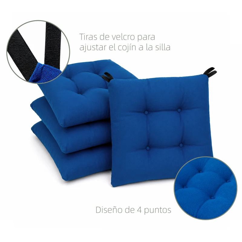 Cojines para Silla de 40x40x8cm Acolchados con Cintas de Sujeción Antideslizantes-Azul