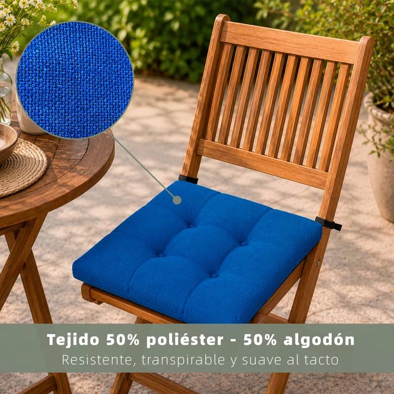 Cojines para Silla de 40x40x8cm Acolchados con Cintas de Sujeción Antideslizantes-Azul