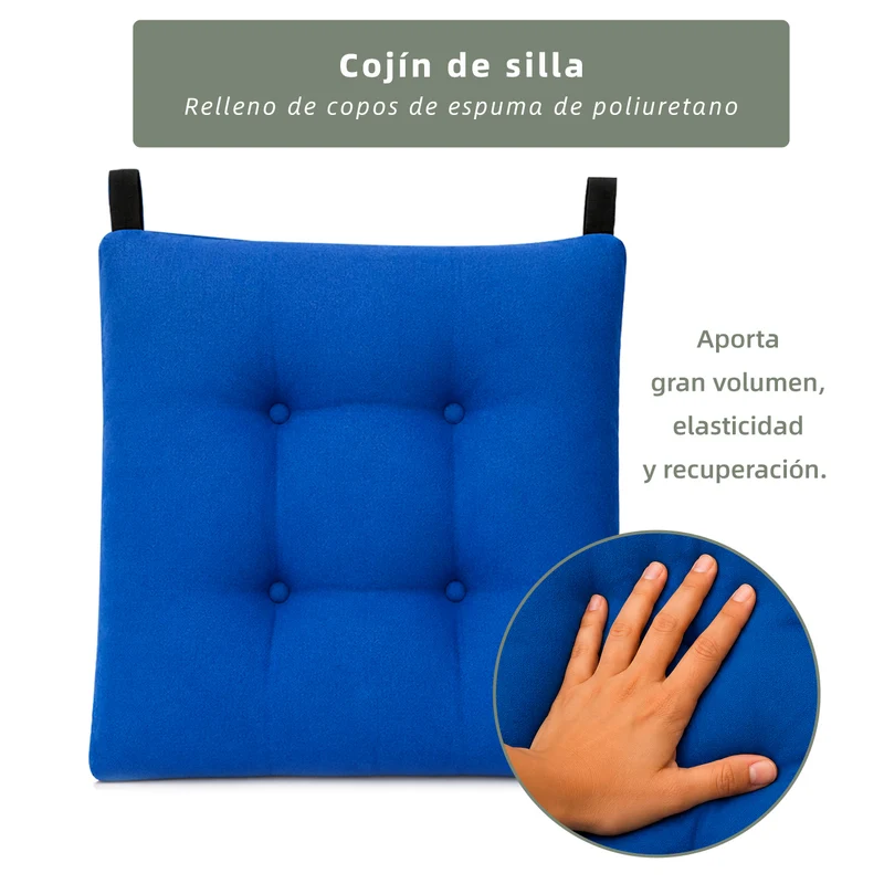 Cojines para Silla de 40x40x8cm Acolchados con Cintas de Sujeción Antideslizantes-Azul