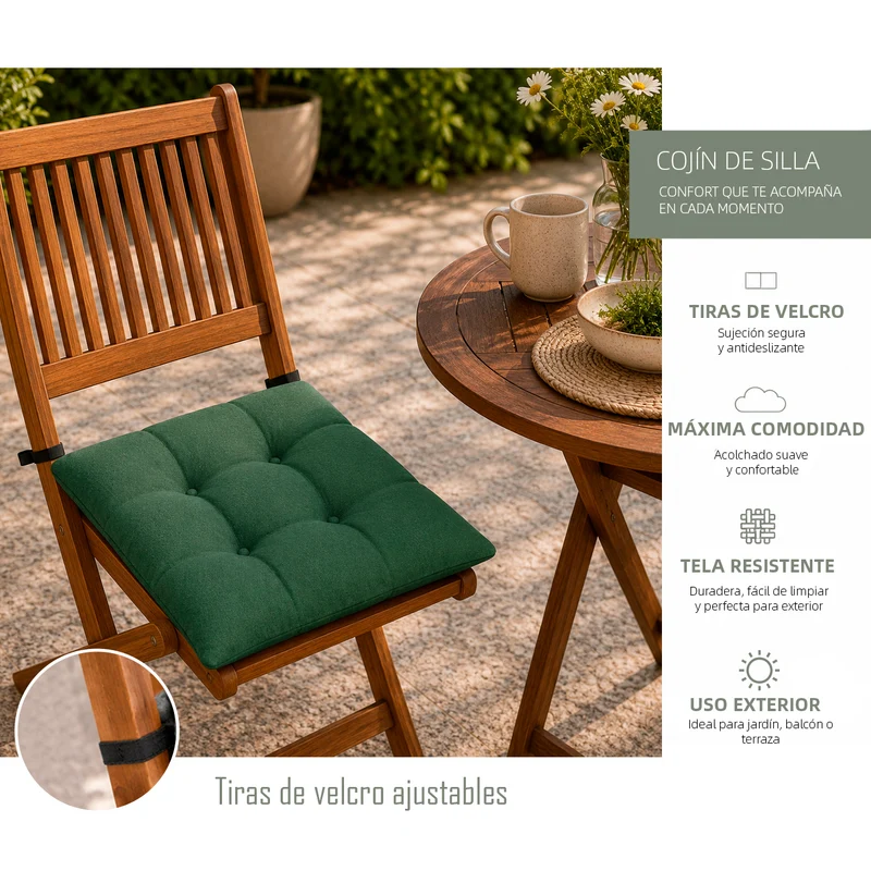 Cojines para Silla de 40x40x8cm Acolchados con Cintas de Sujeción Antideslizantes- Verde
