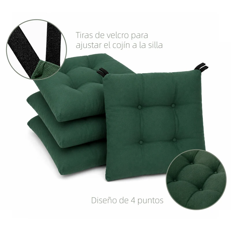 Cojines para Silla de 40x40x8cm Acolchados con Cintas de Sujeción Antideslizantes- Verde