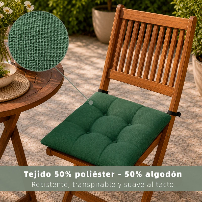 Cojines para Silla de 40x40x8cm Acolchados con Cintas de Sujeción Antideslizantes- Verde