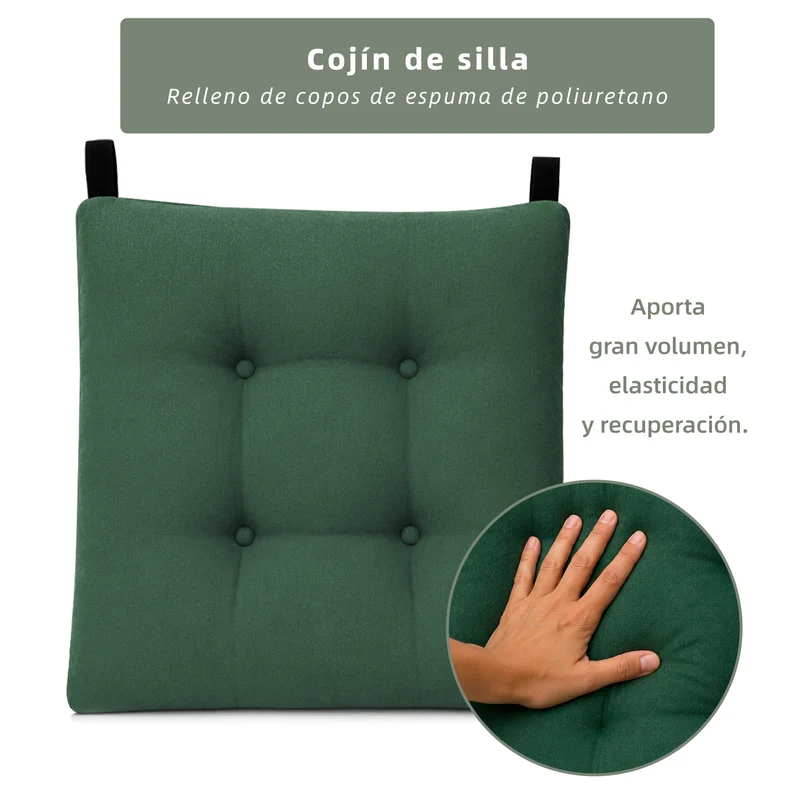 Cojines para Silla de 40x40x8cm Acolchados con Cintas de Sujeción Antideslizantes- Verde