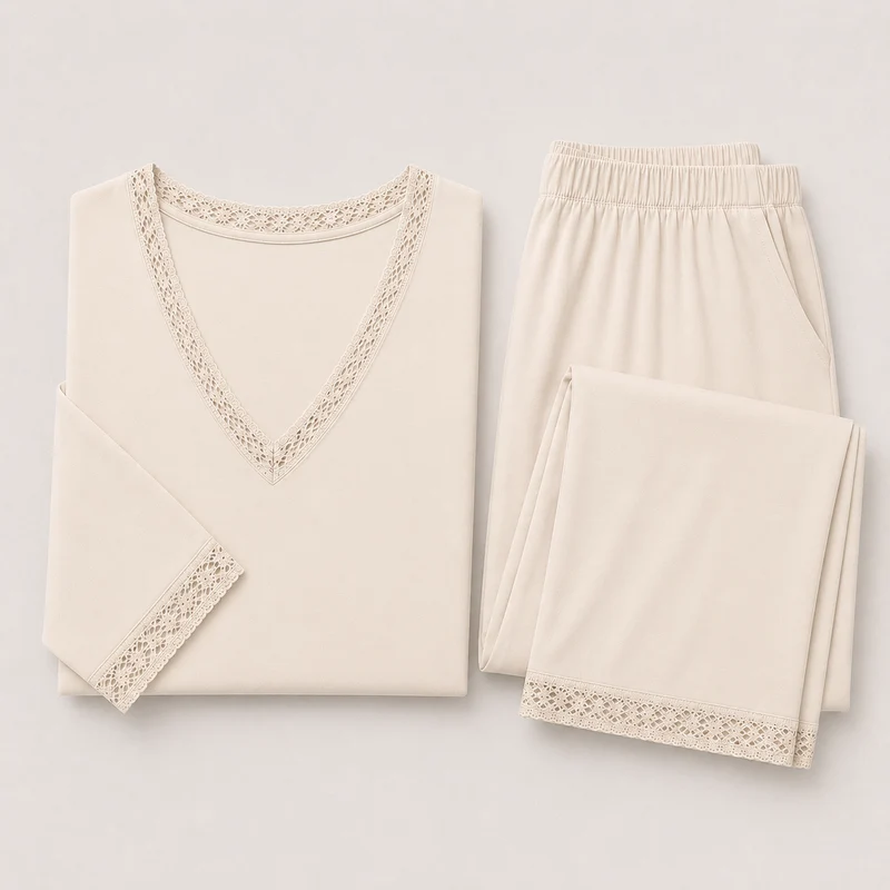 Pijama de Mujer Adona Viscosa con Encaje Beige