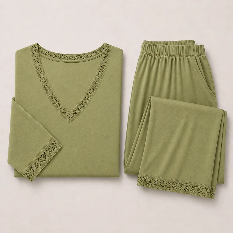 Pijama de Mujer Adona Viscosa con Encaje Olive
