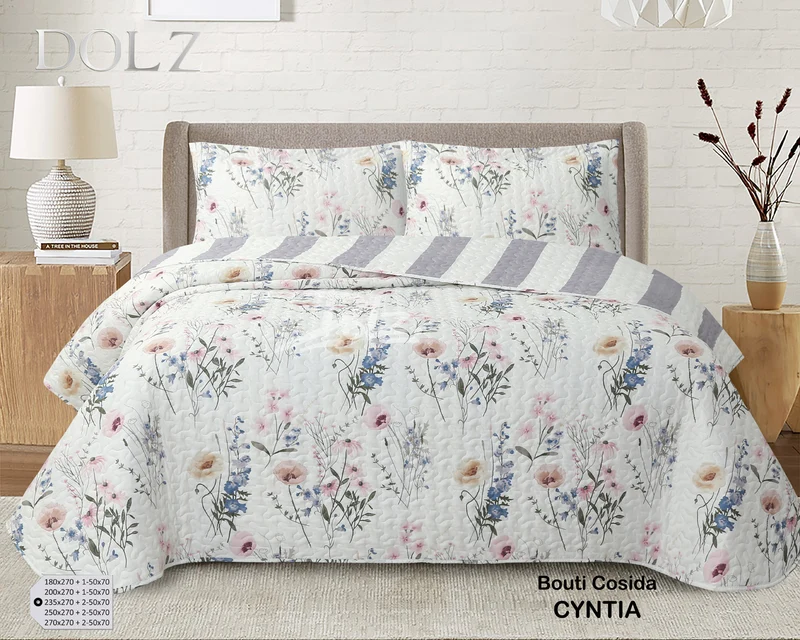 Colcha Bouti Reversible con Estampado Floral y Rayas