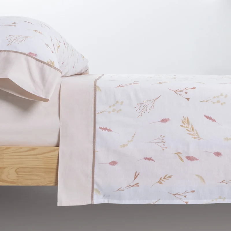 Juego de Sábanas de 100% Algodón Beige con Diseño Botánico 150 Hilos