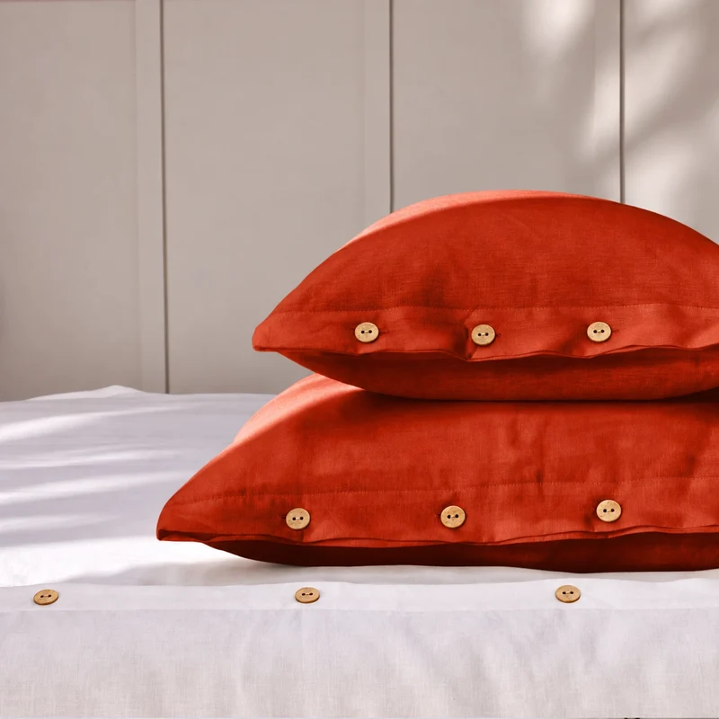 Lote de 2 fundas de almohada con botones de lino coral