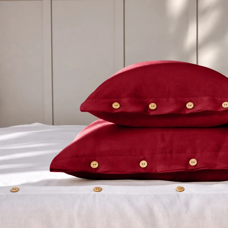 Lote de 2 fundas de almohada con botones de lino burdeos