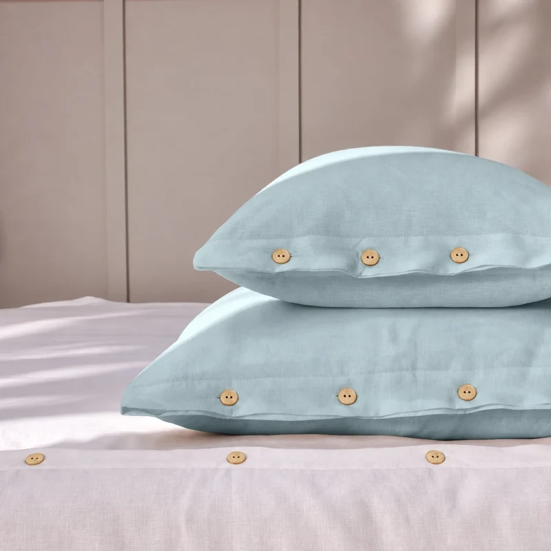 Lote de 2 fundas de almohada con botones de lino azul glaciar