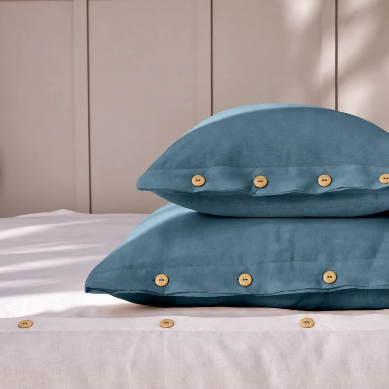 Lote de 2 fundas de almohada con botones de lino azul francés