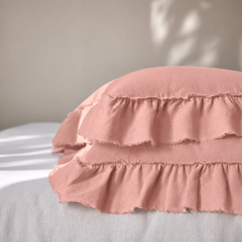 Lote de 2 fundas de almohada con volantes deshilachados de lino rosa