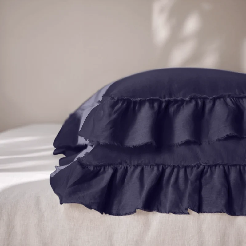 Lote de 2 fundas de almohada con volantes deshilachados de lino azul noche