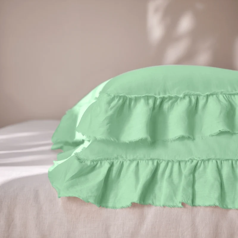 Lote de 2 fundas de almohada con volantes deshilachados de lino verde menta
