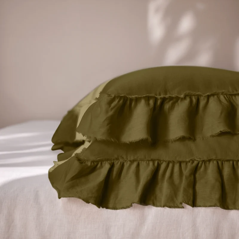 Lote de 2 fundas de almohada con volantes deshilachados de lino verde oliva