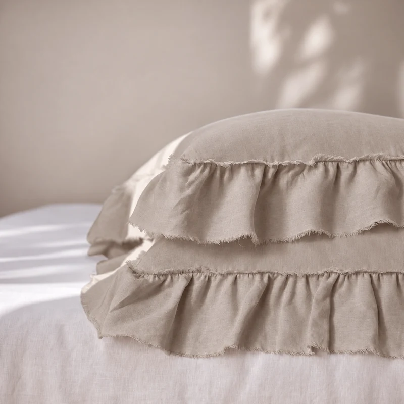 Lote de 2 fundas de almohada con volantes deshilachados de lino natural