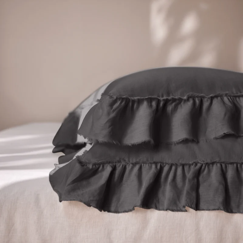 Lote de 2 fundas de almohada con volantes deshilachados de lino gris plomo