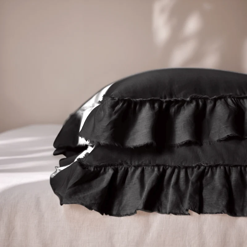 Lote de 2 fundas de almohada con volantes deshilachados de lino tinta negra
