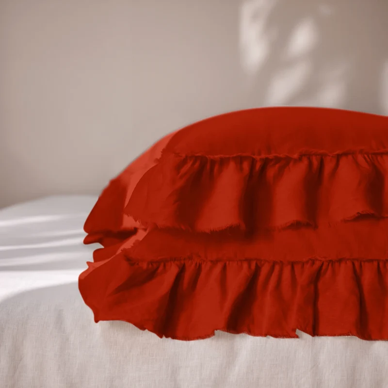 Lote de 2 fundas de almohada con volantes deshilachados de lino coral