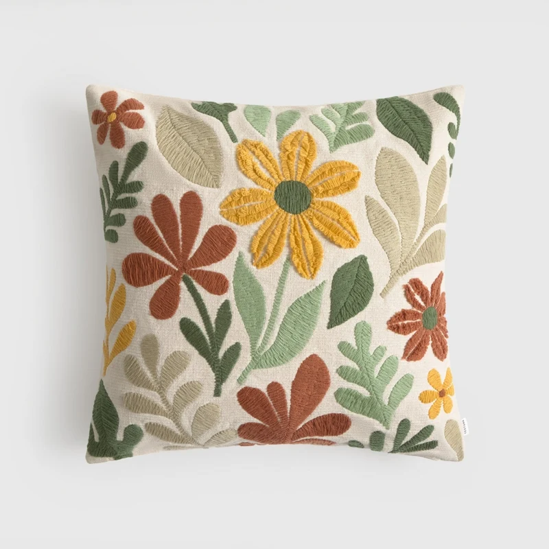 Funda de cojín algodón bordado floral Seor