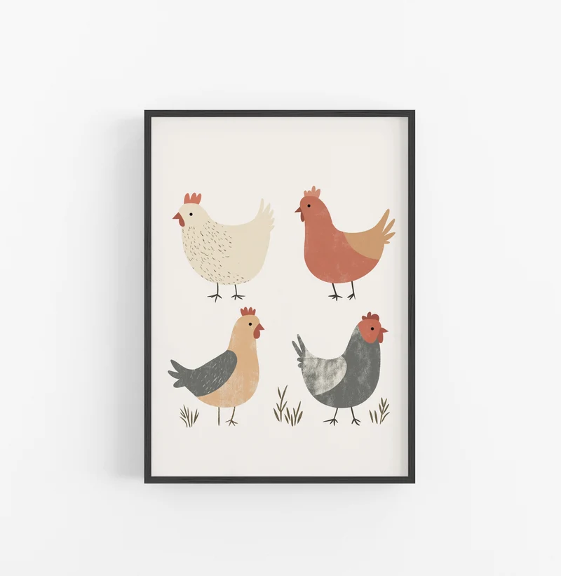 Cuadro Animales Granja Gallinas Beige Gris